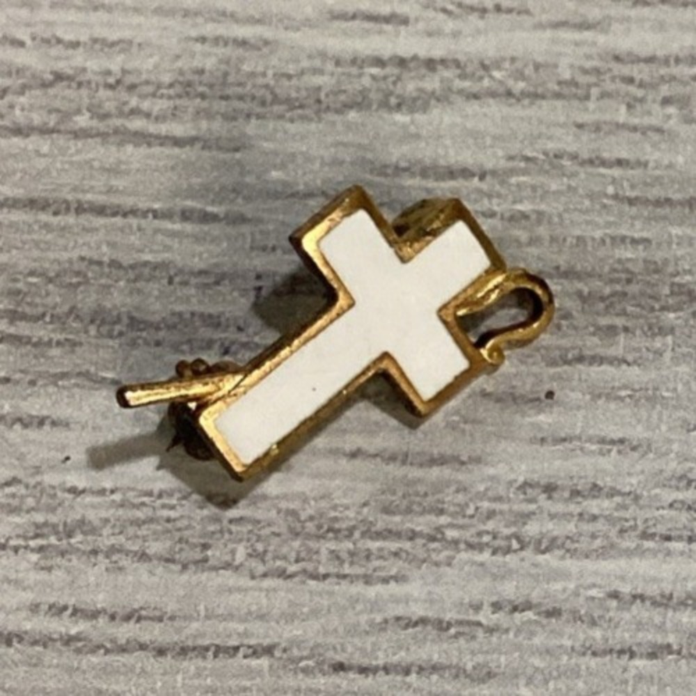 Goldtone‎ Pin w/White Enamel Cross & Shepherds Hook Vintage